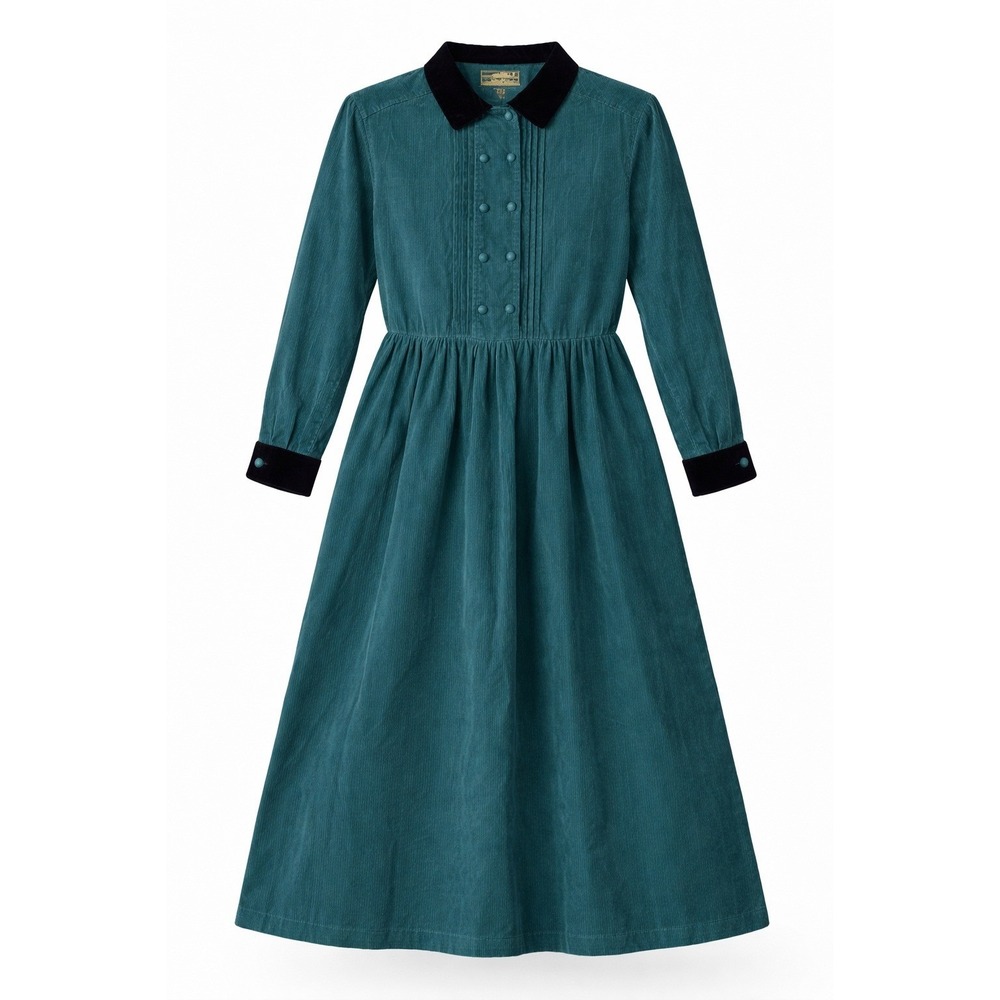 Vtg 80s Eddie Bauer S Green Corduroy Dress Velvet Trim Trad Wife Farmhouse Mom